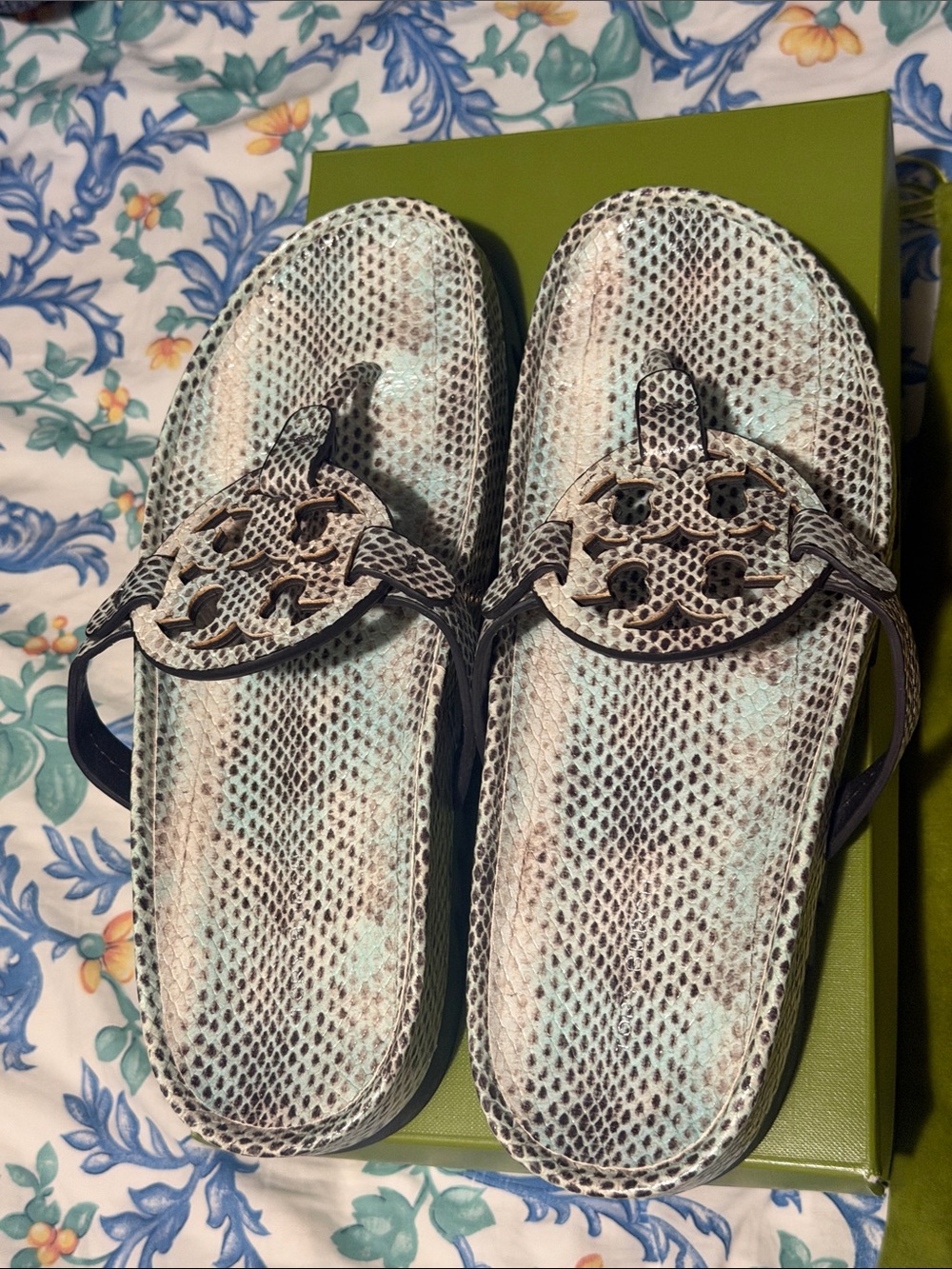 Tory Burch Mint Snake-Print Logo Slide Sandals